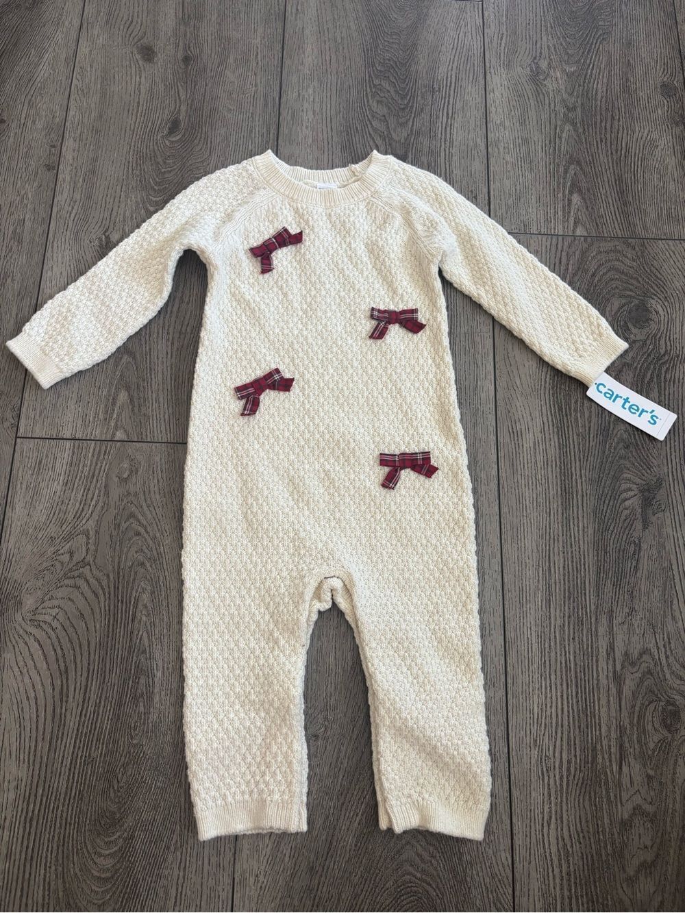 Carter's Cream Knit One-Piece with Red Plaid Bows